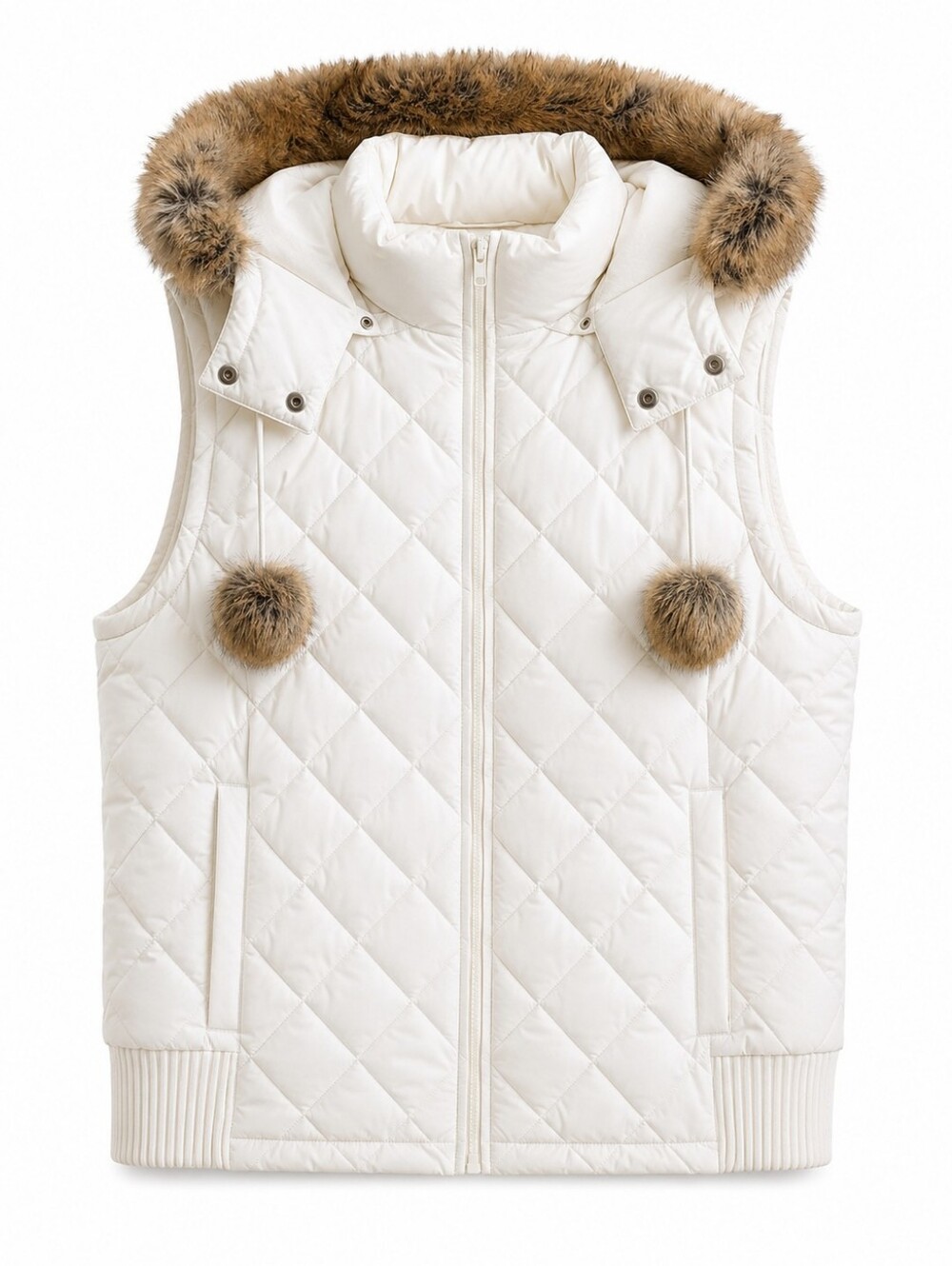 LOFT White Quilted Puffer Vest with Faux Fur Trim XL